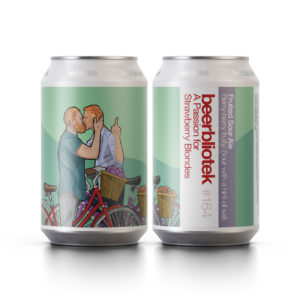 Two cans of A Passion for Strawberry Blondes, a passion fruit, raspberry and strawberry Sour Ale, brewed by Swedish Craft Brewery Beerbliotek in Gothenburg.