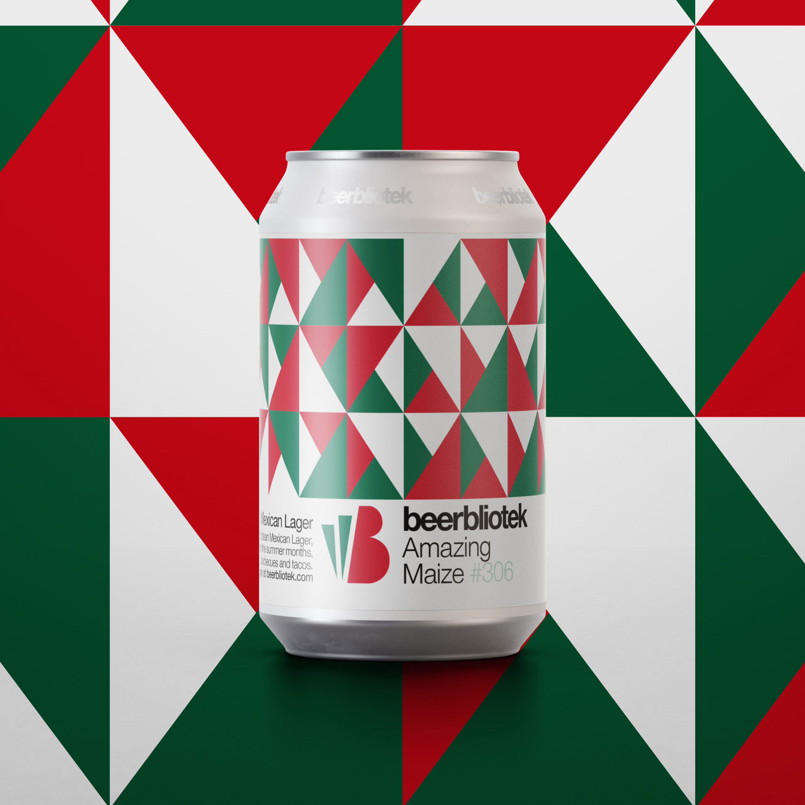A marketing can packshot of Amazing Maize, a Mexican Lager, with colours from the Mexican flag, brewed in Gothenburg, by Swedish Craft Brewery Beerbliotek.