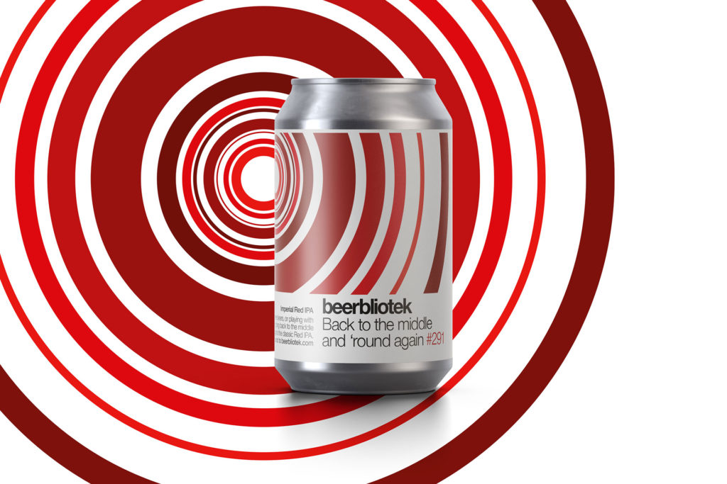 A can packshot of Back to the middle and 'round again, an Imperial Red IPA brewed in Gothenburg, by Swedish Craft Brewery Beerbliotek.