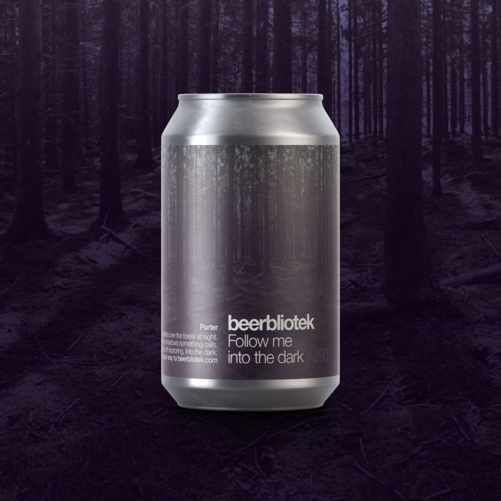 A can marketing packshot of Follow me into the dark, a Porter brewed by Swedish Craft Brewery Beerbliotek, during packaging.