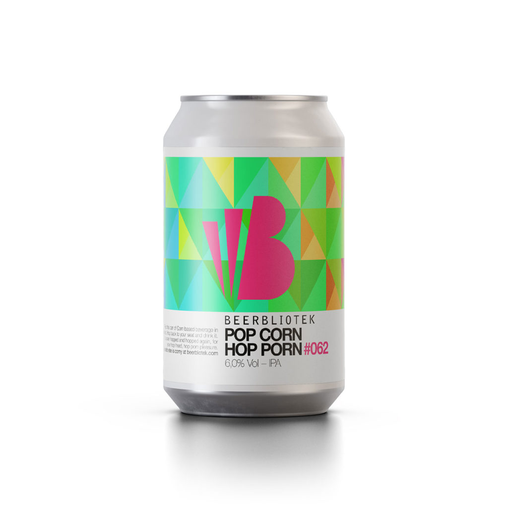 A can packshot of Craft Brewery Beerbliotek's IPA, "Pop Corn Hop Porn".