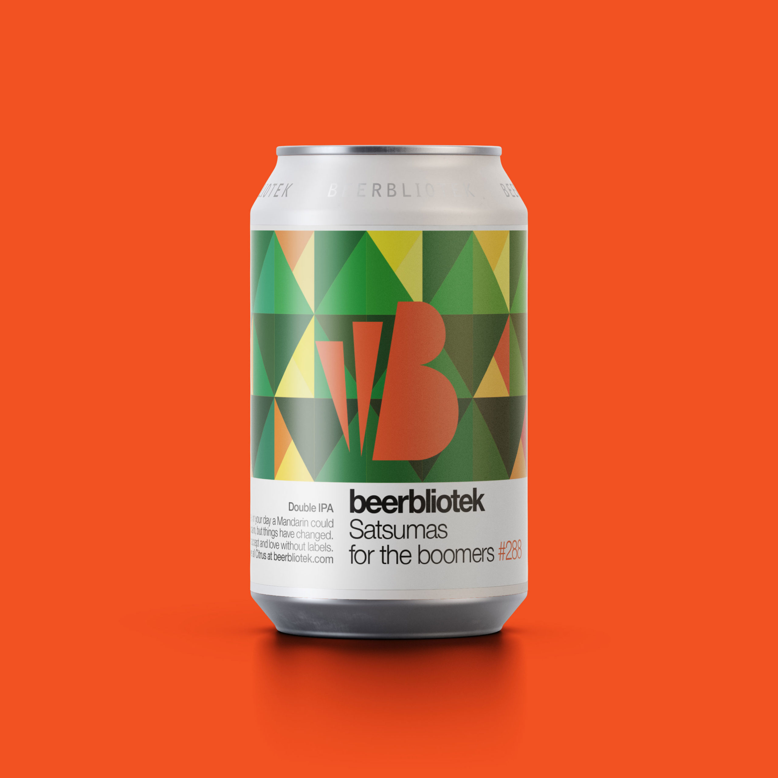 A can packshot of Satsumas for the boomers, a Double IPA, brewed by Swedish Craft Brewery Beerbliotek, in Gothenburg Sweden.