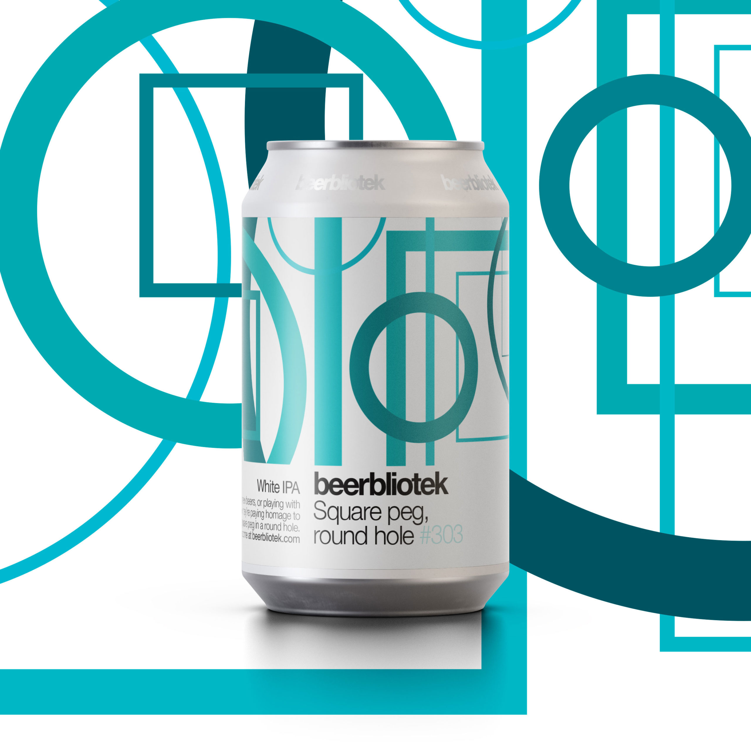 A marketing can packshot of Square peg, round hole, a White IPA, brewed in Gothenburg, by Swedish Craft Brewery Beerbliotek.
