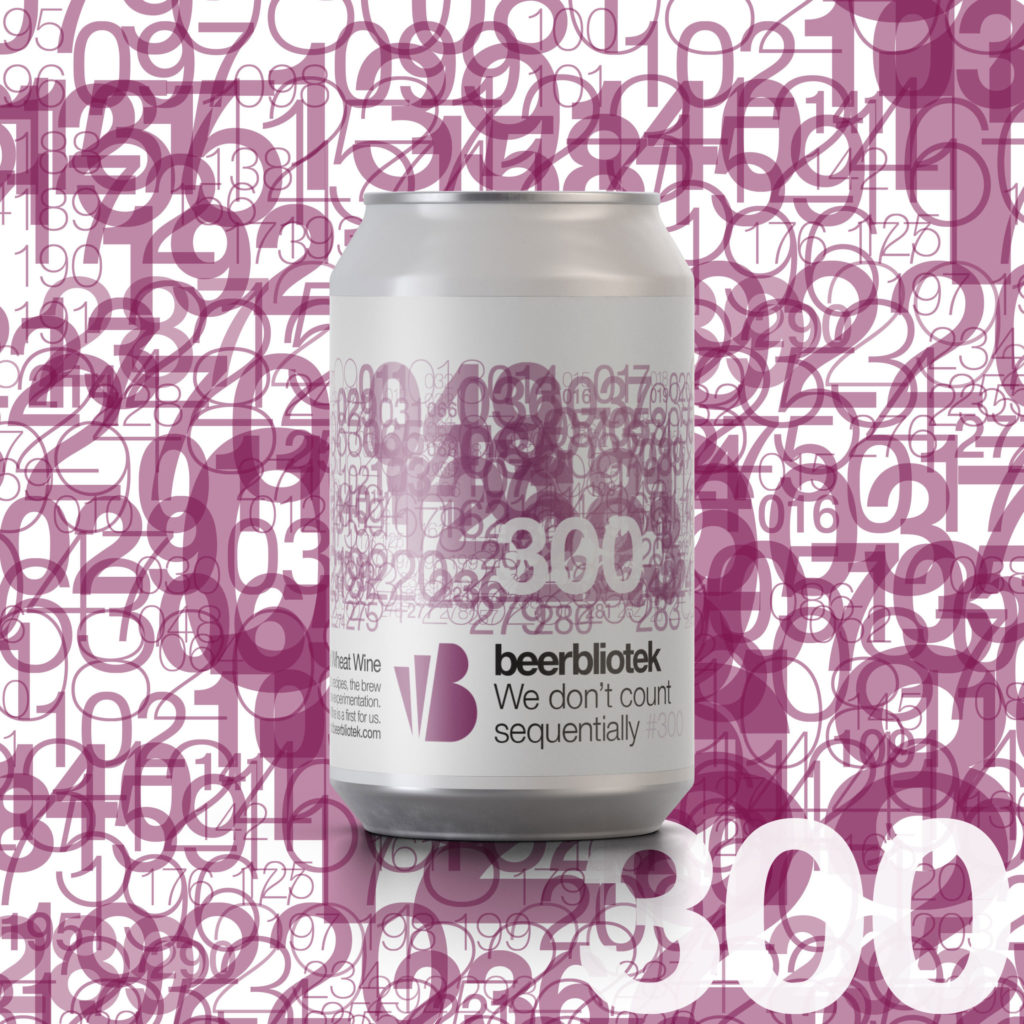 A marketing can packshot of Beer number 300, We don't count sequentially, a Freeze-Distilled Wheat Wine, brewed in Gothenburg, by Swedish Craft Brewery Beerbliotek.