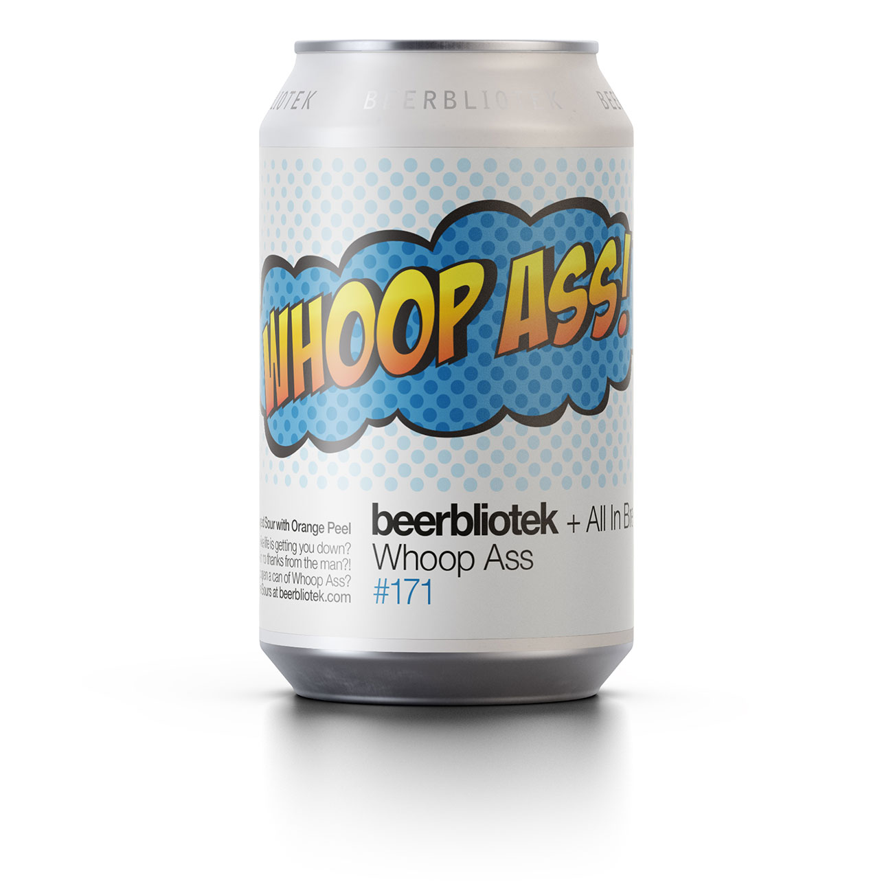 A can packshot of Whoop Ass, a dry hopped berliner brewed by Beerbliotek, a craft brewery from Gothenburg, Sweden.