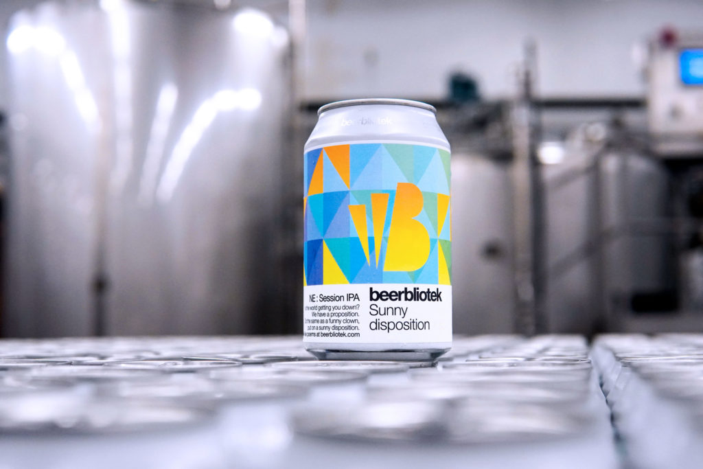 A can of Sunny disposition, a New England Session IPA, during packaging at Swedish Craft Brewery Beerbliotek.