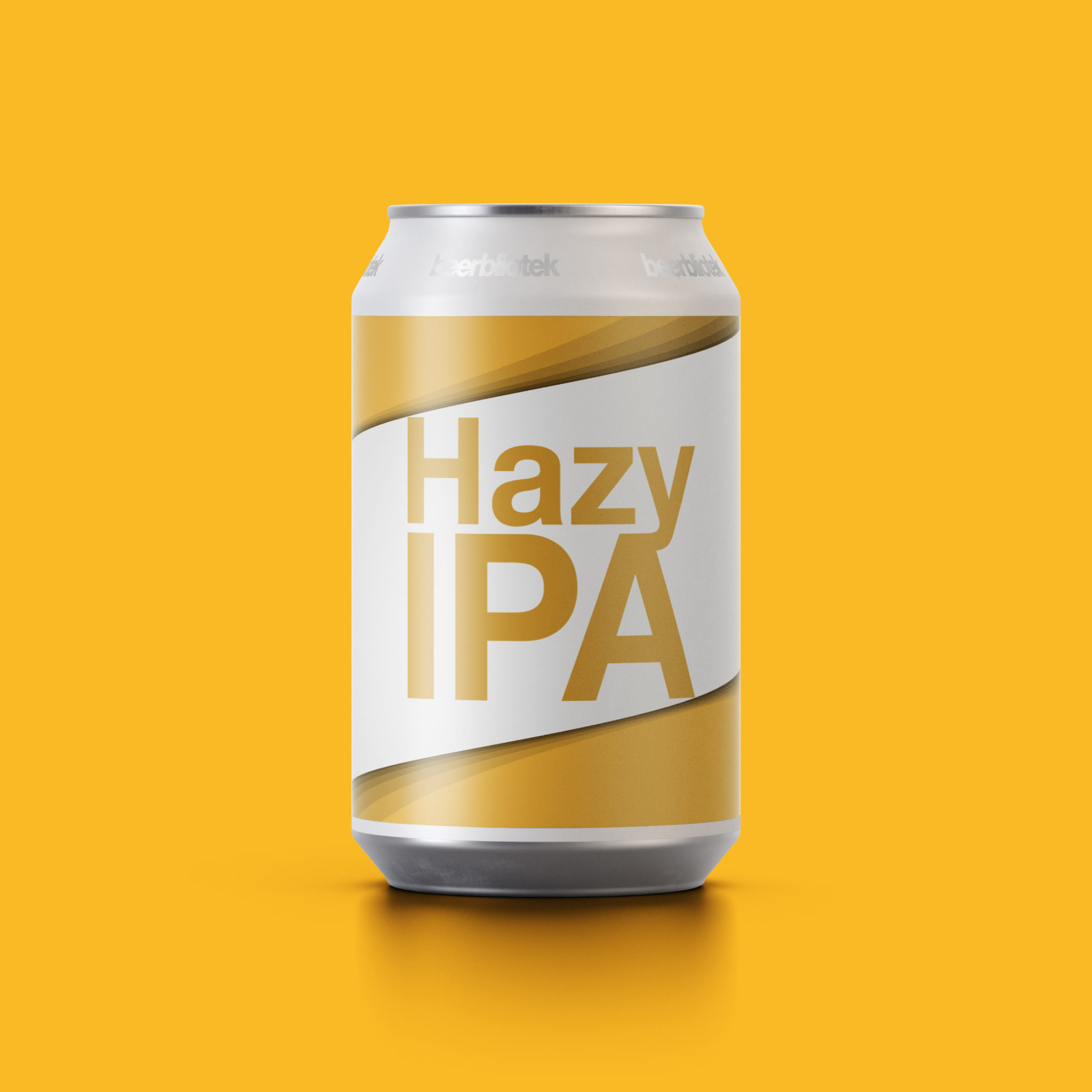 A marketing can packshot of Hazy IPA, a New England IPA, brewed in Gothenburg, by Swedish Craft Brewery Beerbliotek. This beer is part of beerbliotek's homebrand series.