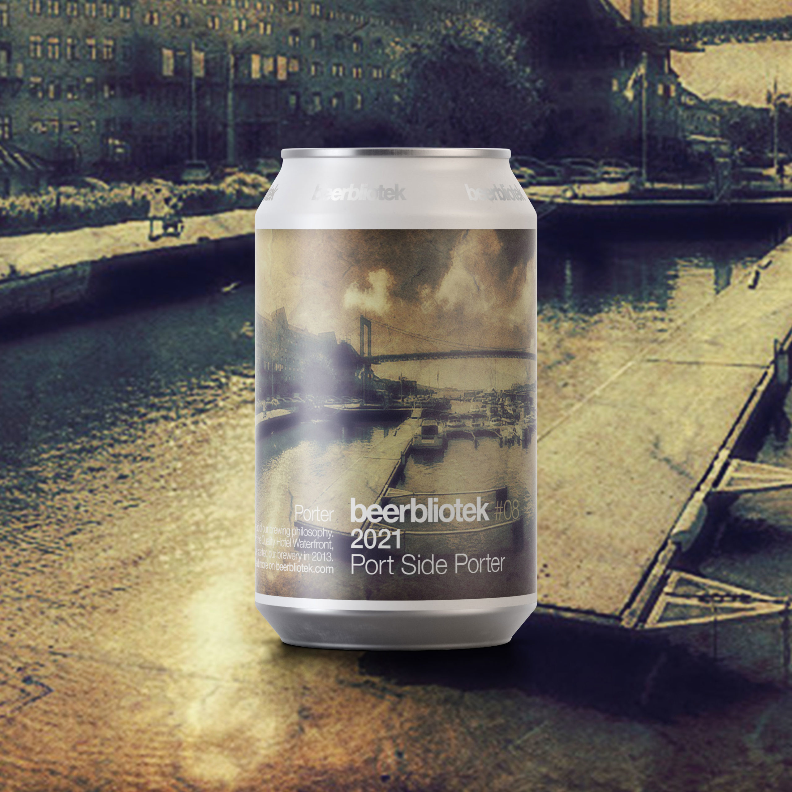 A marketing can packshot of Port Side Porter, a Porter brewed in Gothenburg, by Swedish Craft Brewery Beerbliotek.First brewed in 2013, recreated for Hotel waterfront, Gothenburg.