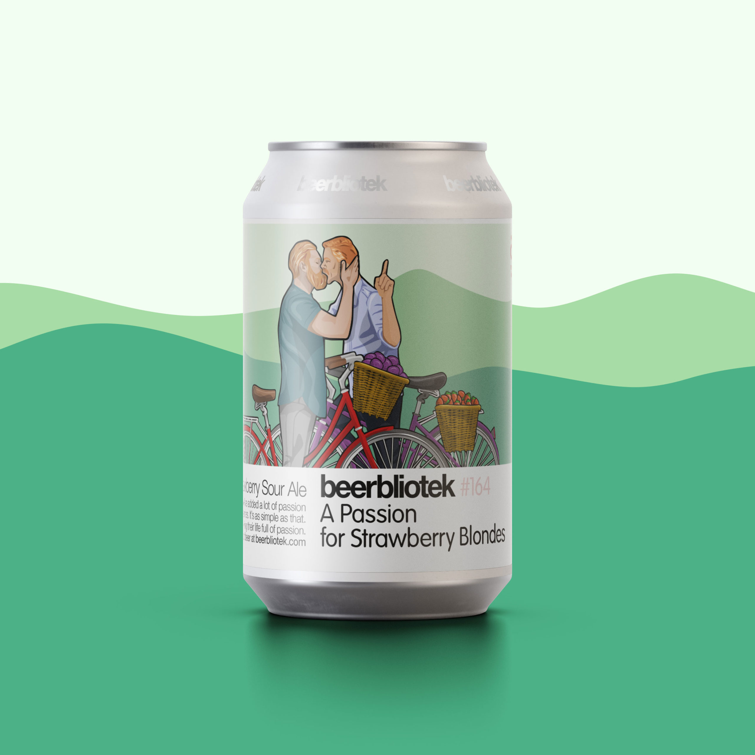 A can marketing packshot of "A Passion for Strawberry Blondes", a Berliner Weisse with Passion Fruit and Strawberries. Brewed by Swedish Craft Beer brewery, Beebrliotek, in Gothenburg.