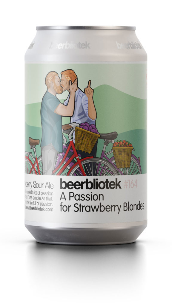 A can packshot of "A Passion for Strawberry Blondes", a Berliner Weisse with Passion Fruit and Strawberries. Brewed by Swedish Craft Beer brewery, Beebrliotek, in Gothenburg.