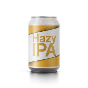 A can packshot with a shadow of Hazy IPA, a New England IPA, brewed in Gothenburg, by Swedish Craft Brewery Beerbliotek. This beer is part of beerbliotek's home brand series.
