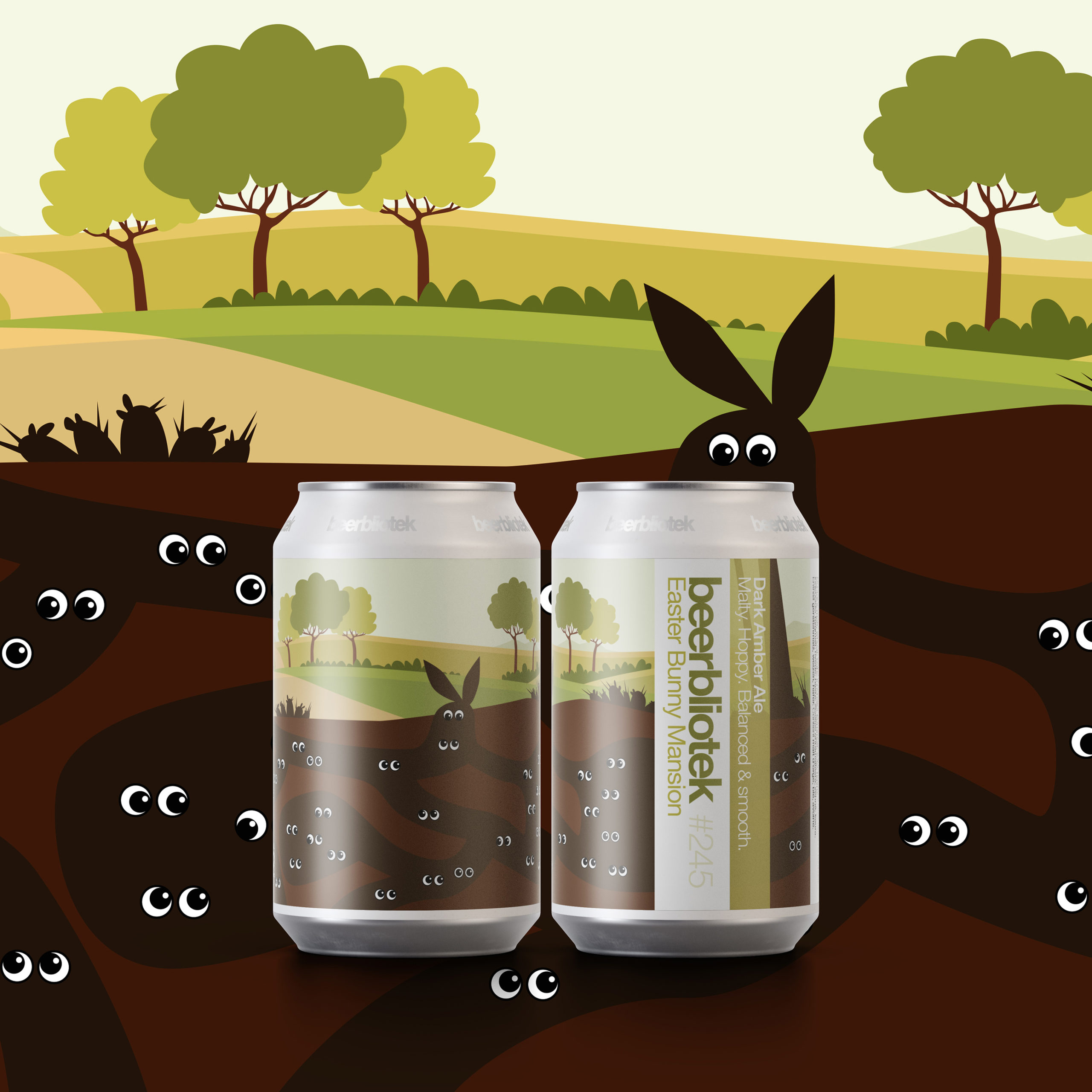 A marketing two can packshot of Easter bunny mansion, a Dark Amber Ale for Easter, brewed in Gothenburg, by Swedish Craft Brewery Beerbliotek.