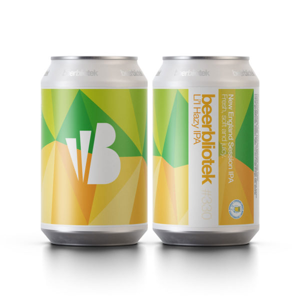 Two can packshots of Li'l hazy IPA, a lower ABV version of Hazy IPA, the New England IPA brewed by Swedish craft Brewery Beerbliotek.