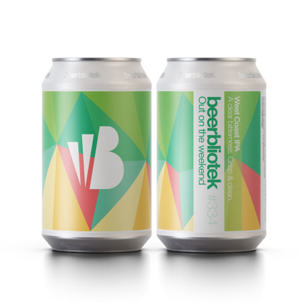 2 can packshots of Out on the weekend, a West Coast IPA brewered by Swedish Craft Brewery Beerbliotek in Gothenburg.